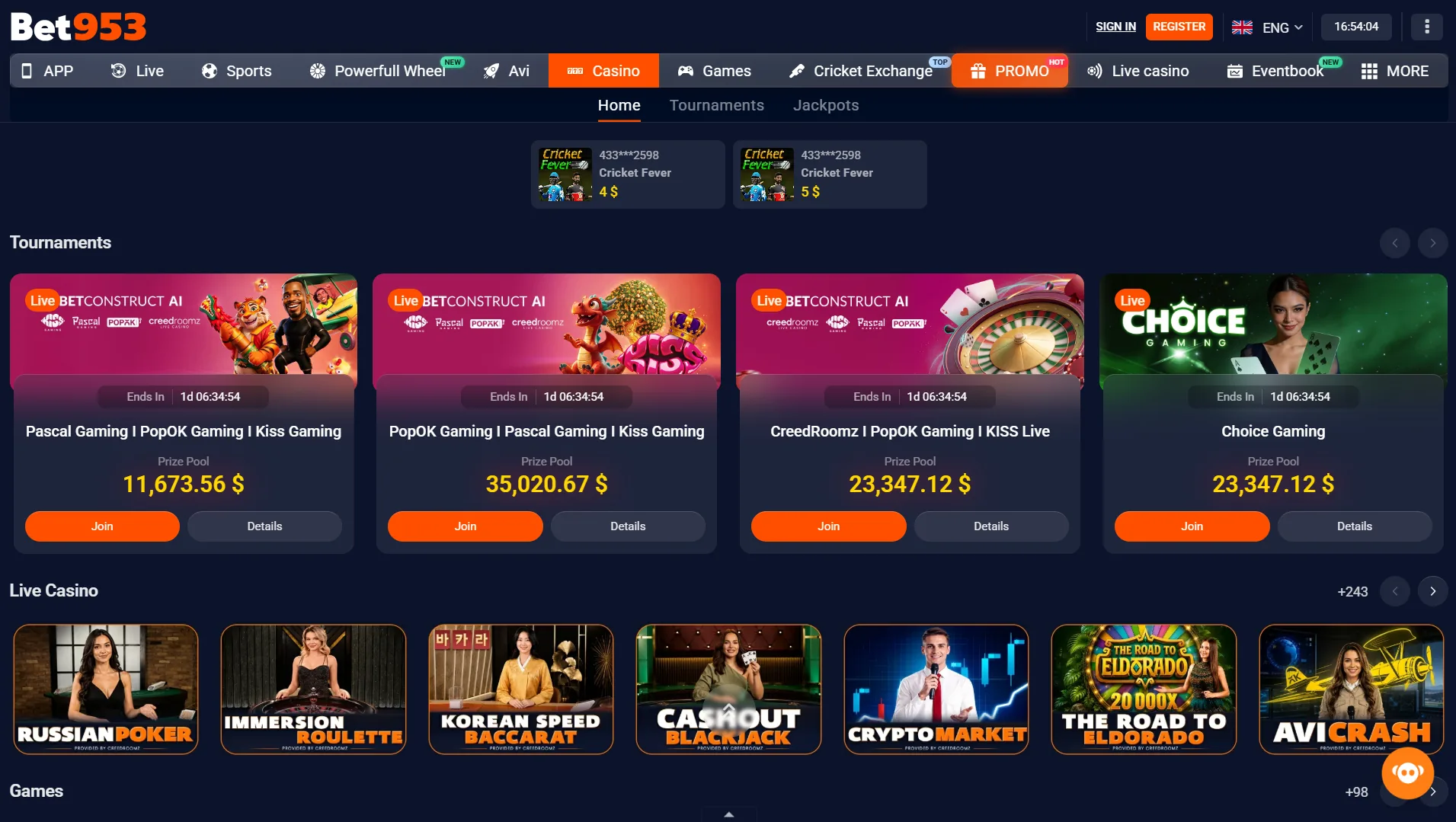 Casino interface on BET953