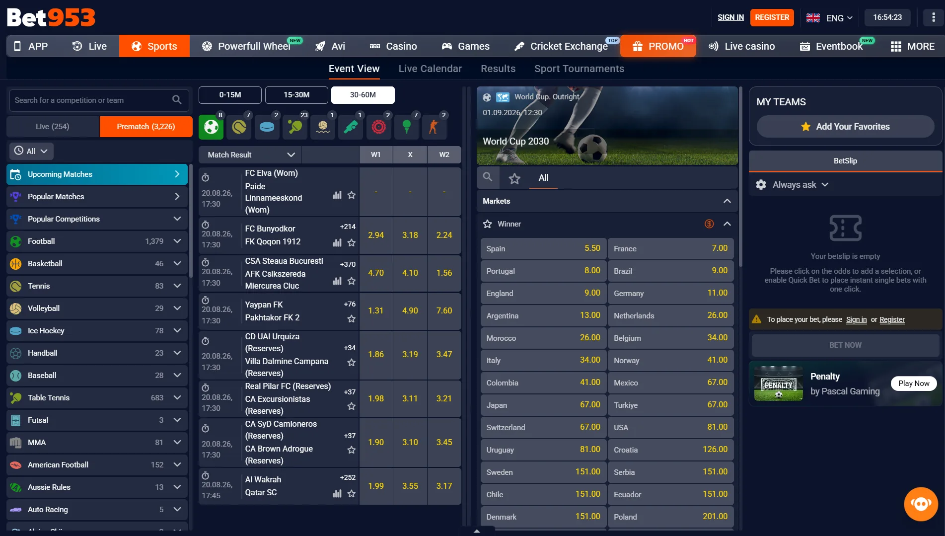 Pre-match sports interface on BET953
