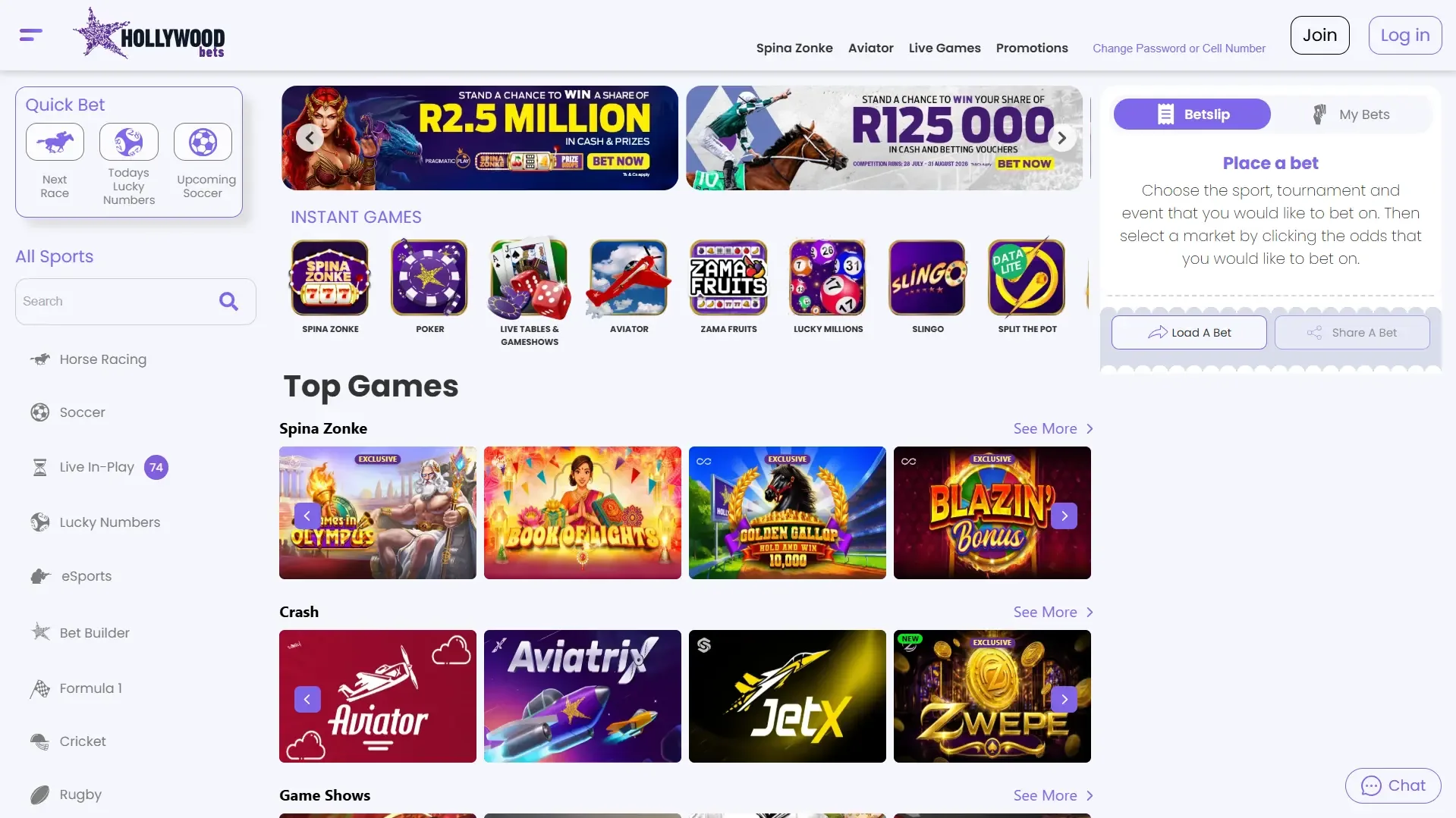 Hollywoodbets home and top games page