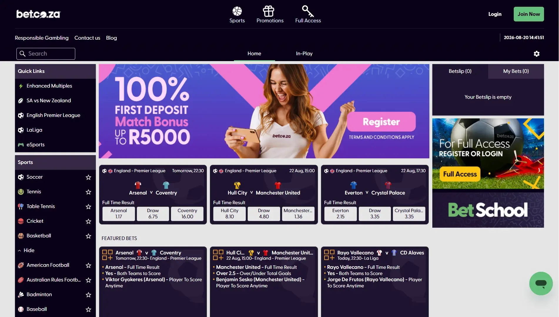 Bet.co.za sportsbook home page
