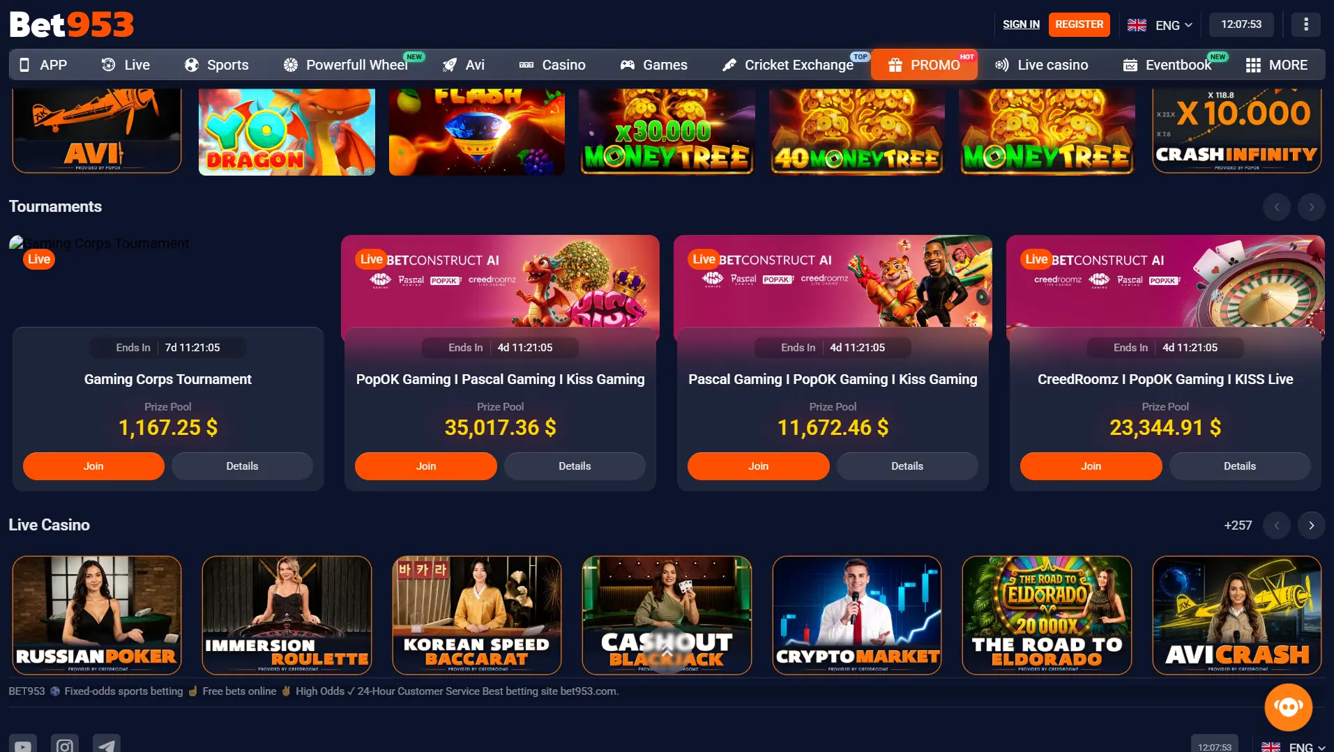 BET953 home page with promotions and featured markets